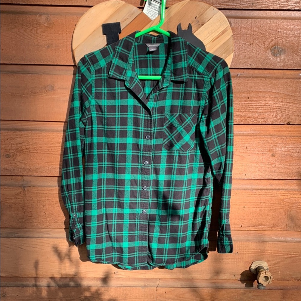 Eddie Bauer flannel Green and Black Plaid Button-Up Shirt